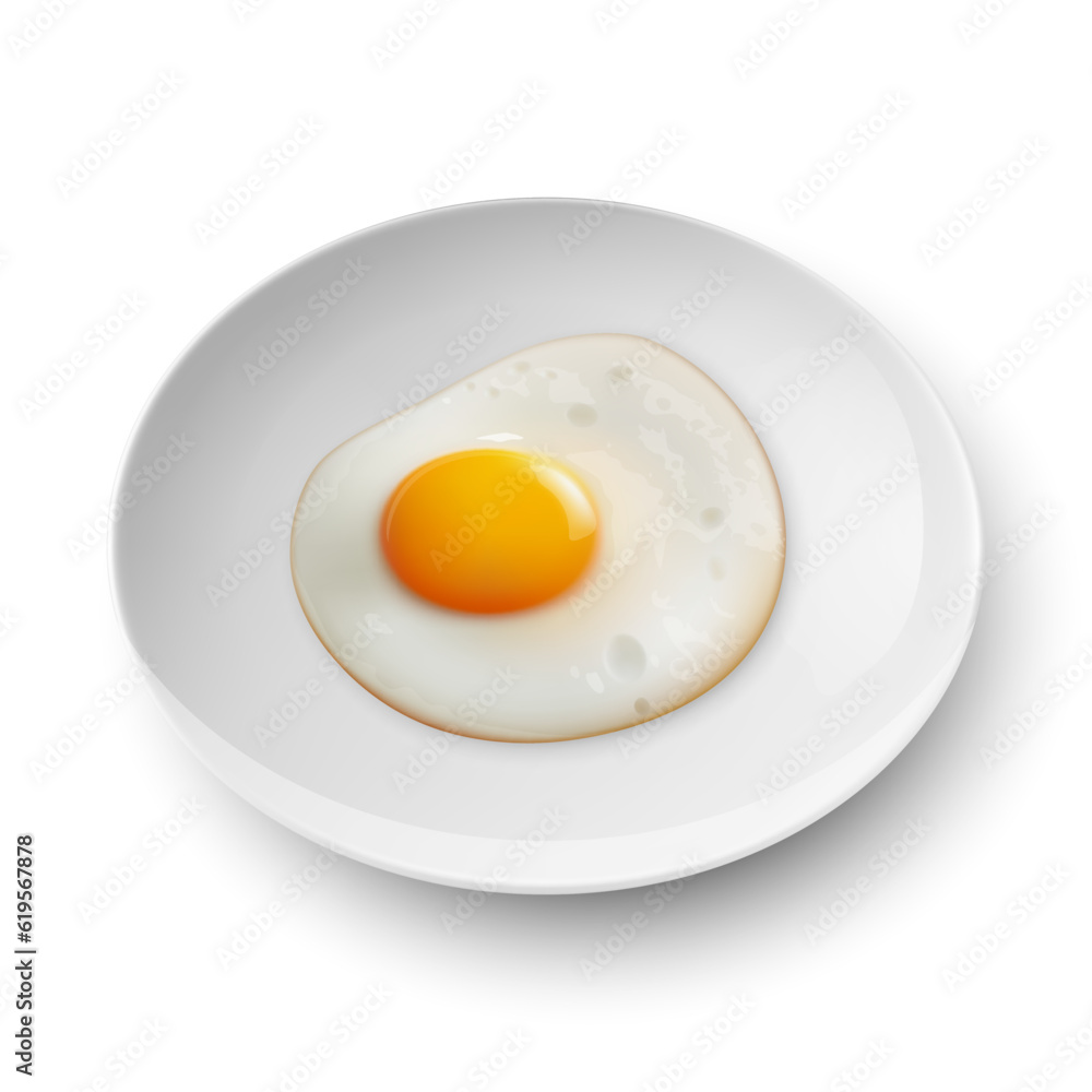 Vector 3d Realistic White Plate, Dish with Fried Egg, Omelet Inside Isolated on White Background. Healthy Breakfast, Protein Food, Diet Meal Concept. Design Template, Mockup. Top, Side View Vector 3d Realistic White Plate, Dish with Fried Egg, Omelet Inside Isolated on White Background. Healthy Breakfast, Protein Food, Diet Meal Concept. Design Template, Mockup. Top, Side View