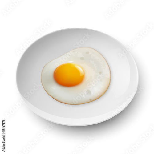 Vector 3d Realistic White Plate, Dish with Fried Egg, Omelet Inside Isolated on White Background. Healthy Breakfast, Protein Food, Diet Meal Concept. Design Template, Mockup. Top, Side View