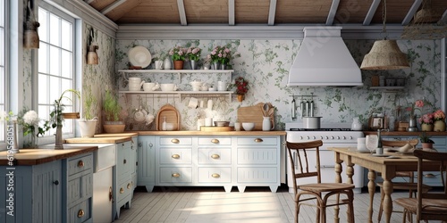 Shabby chic kitchen interior background, 3D render
