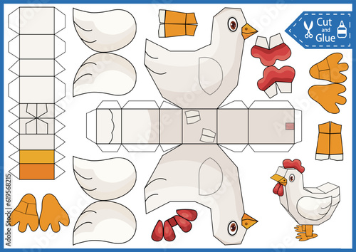 Kids paper craft education game. Cut and glue a paper 3d chicken. DIY papercraft cutout puzzle toys. Activity worksheet for children. Create to bird for birthday decor. 