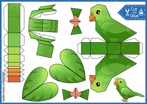Kids paper craft template. Education game. Cut and glue a paper 3d parrot. DIY papercraft cutout puzzle toys. Activity worksheet for children. Create to bird for birthday decor. 