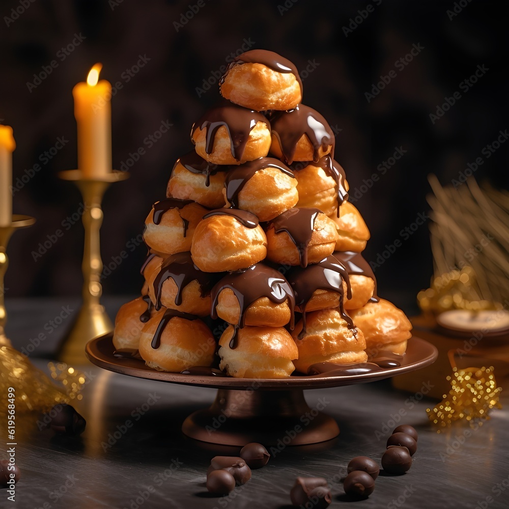 Cream puffs drizzled with chocolate ganache.  Profiteroles with hot melted cocoa topping. Profiteroles garnished with chocolate sauce, created with Generative AI technology.

