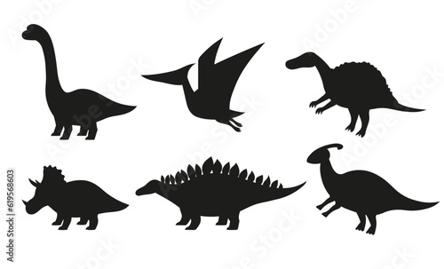 Dinosaurs black silhouettes set. Collection of stegosaurus, brontosaurus, triceratops, diplodocus, spinosaurus isolated on white background.