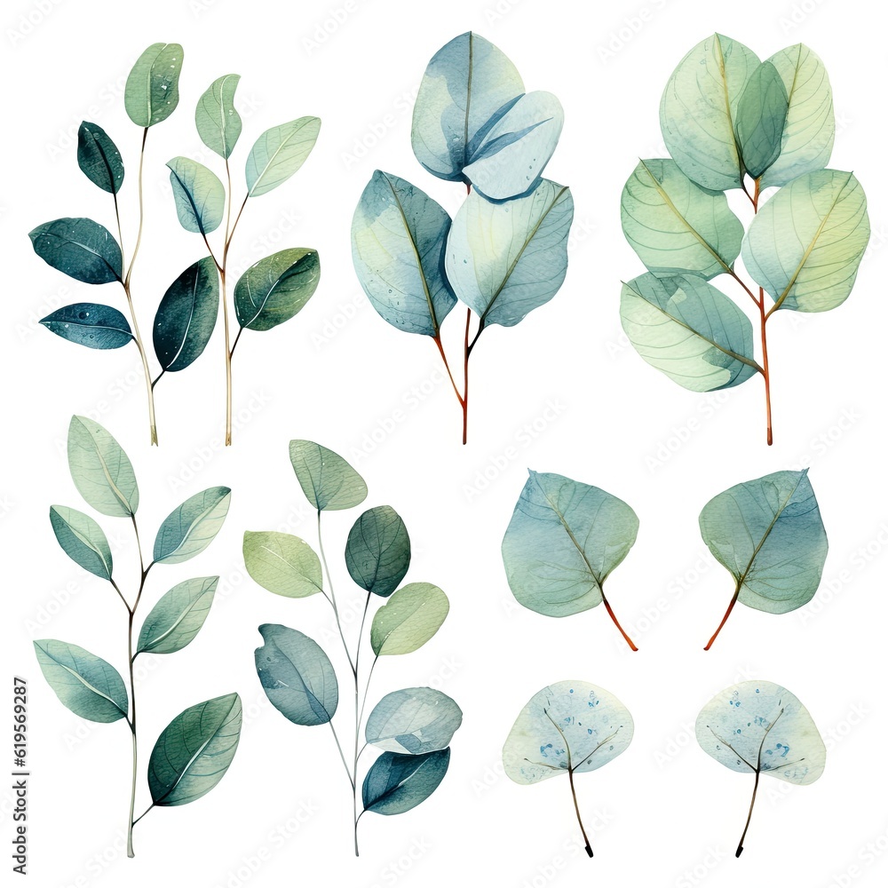 Fototapeta premium Set of watercolor eucalyptus leaves. Collection of watercolor delicate leaves. Isolated branches.