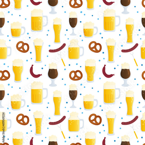 Vector seamless pattern for Oktoberfest. Autumn beer festival illustration. Beer mugs on white background with traditional colors flags. Backdrop for wallpaper, print, textile, fabric, wrapping
