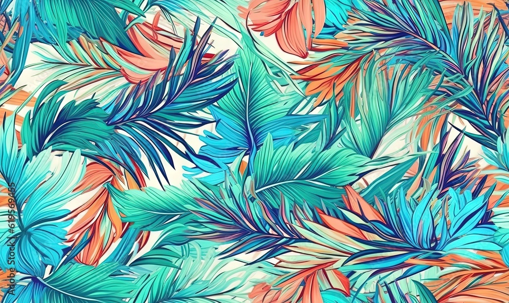  a tropical pattern with palm leaves and flowers on a white background.  generative ai