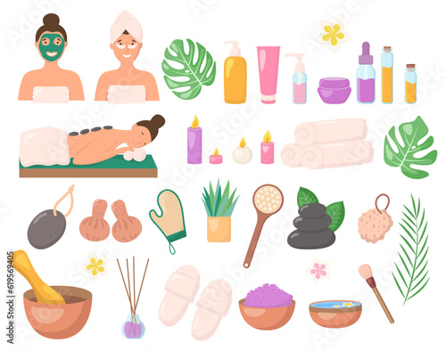Vector beauty spa salon service icons set isolated on white. Woman in facial mask, gel eye patches, massage hot stone, jar cream, oil bottles. Skincare collection cosmetics products illustration.