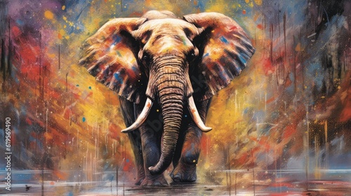 Elephant  form and spirit through an abstract lens. dynamic and expressive Elephant print by using bold brushstrokes, splatters, and drips of paint.  Elephant raw power and untamed energy photo