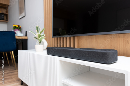 Soundbar in a modern home. Listening to music