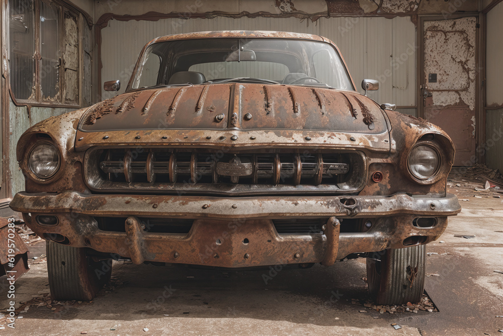 front view of abandoned rusty weathered oldtimer car, generative AI