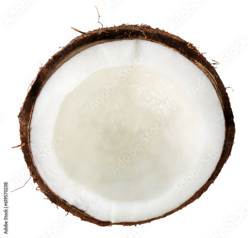 Fresh cracked or cut white coconut fruit.