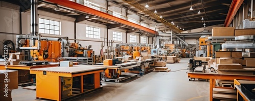 Warehouse interior with equipment and machinery. Industrial background
