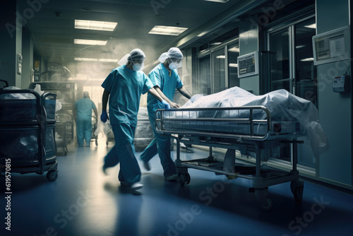 Hospital emergency team rush patient on gurney to the operating theater. Corridor in medical clinic with working doctors, motion blur effect. Created with Generative AI photo