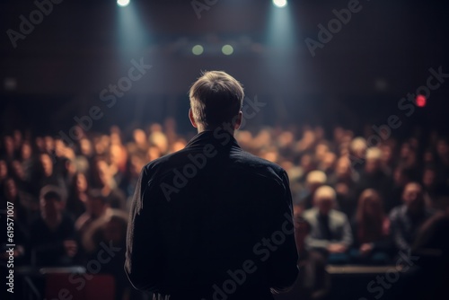 Motivational speaker with headset performing on stage, back view.Generative AI. 