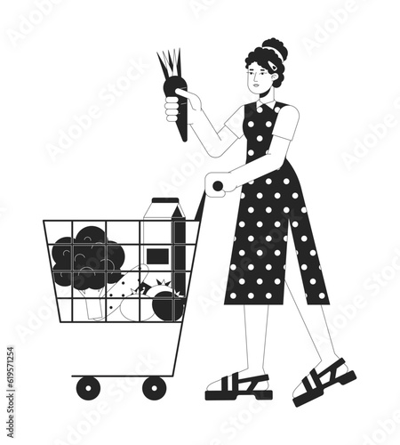 Busy woman go shopping flat line black white vector character. Editable outline full body woman with shopping cart full of goods. Simple cartoon isolated spot illustration for web graphic design