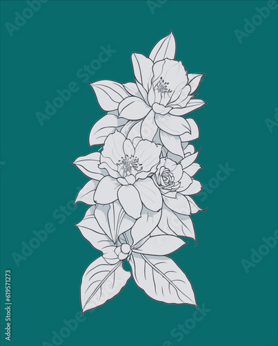  The leaves and flowers vector isolated. Hand drawn floral bunch, Pencil drawing floral, Freehand sketching illustration. 