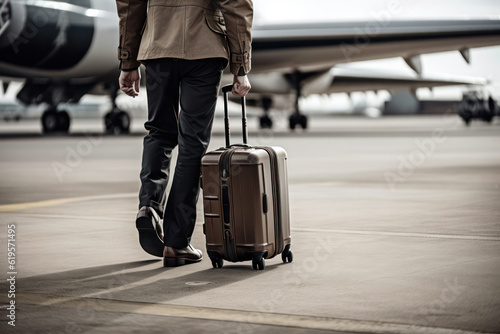 a man with a suitcase walking towards the plane. Rear view of a young man with a suitcase. Generative AI. 