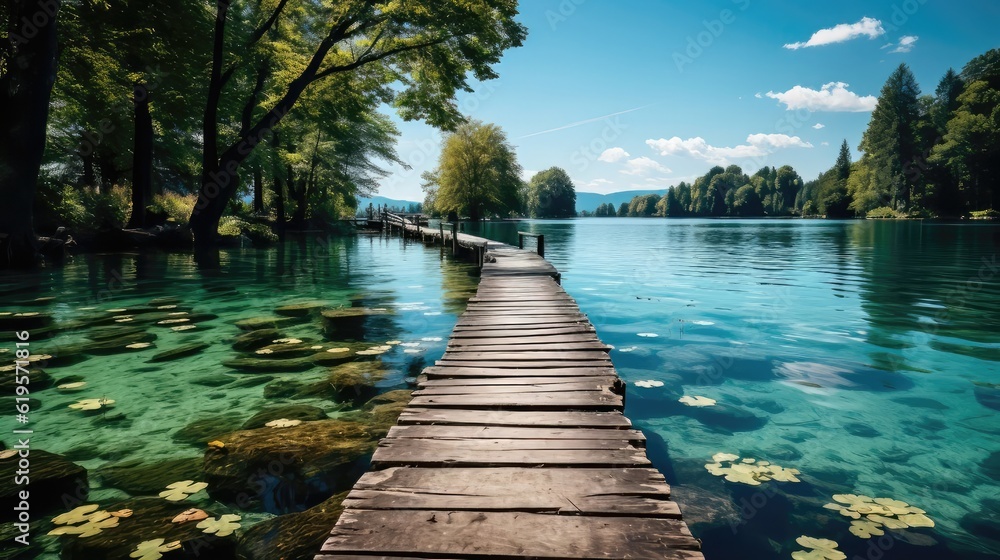 Wooden bridge over lake. Calm nature and crystal clear water Wooden bridge over lake. Calm nature and crystal clear water