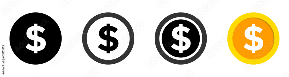 Dollar coin vector icons set. US dollar coin vector symbols collection Dollar coin vector icons set. US dollar coin vector symbols collection