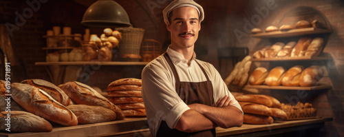 The baker man holds fresh pastries just baked in the oven. Concept Bakery. generative ai