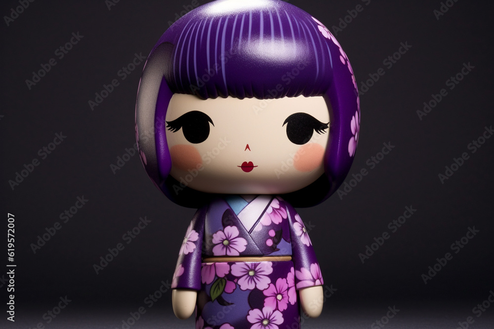 Generative ai. Japanese kokeshi doll with short hair and kimono Generative ai. Japanese kokeshi doll with short hair and kimono