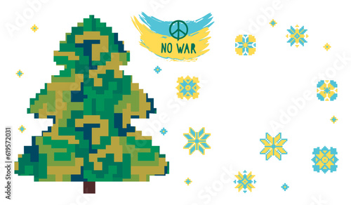 No war banner with stylized Christmas tree. Camouflage pixel print in blue-green color. Ethnic ornament elements. Hand written text with Ukrainian symbols.Vector flat illustration isolated on white. © Alla