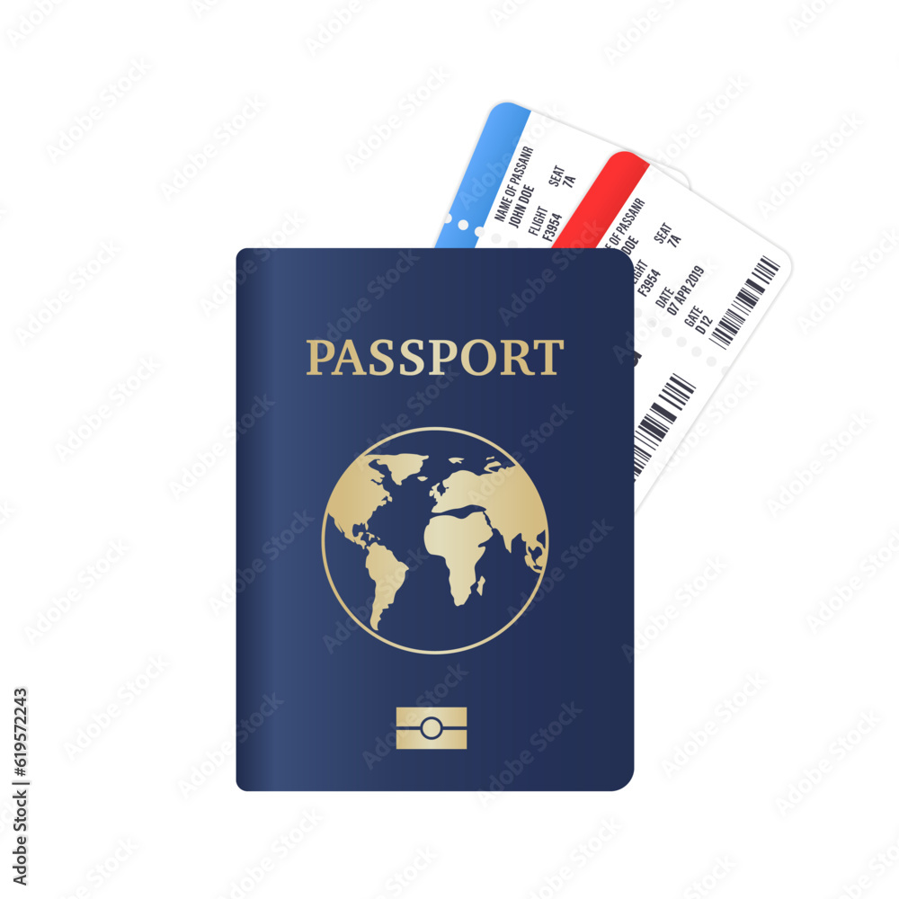 Vector passport with tickets. Air travel concept. Flat design citizenship id for traveler isolated. Blue International Document. Travel and tourism icon concept. Vector illustration