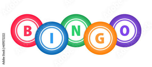 Bingo or Lottery Balls on Bingo Cards. Slogan bingo for lottery and balls. Game of chance to win for young and old. Cartoon vector logo or symbol. Vector illustration
