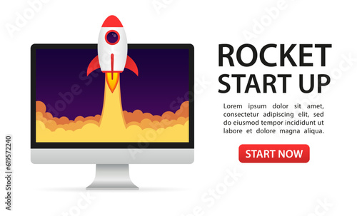 Rocket launch from computer screen. Rocket taking off. Business Start up, Launching new product. Successful start up launch new business project. Creative or innovative idea. Vector illustration