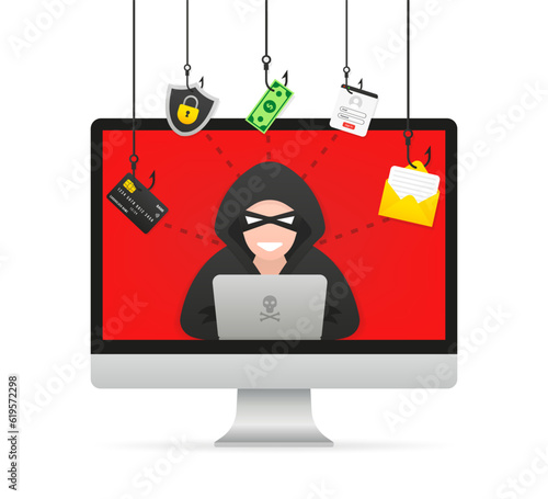 Computer screen hacker and cybercriminal phishing, identity theft, user login, password, documents, email and credit card. Hacking and web security. Internet phishing concept. Vector illustration
