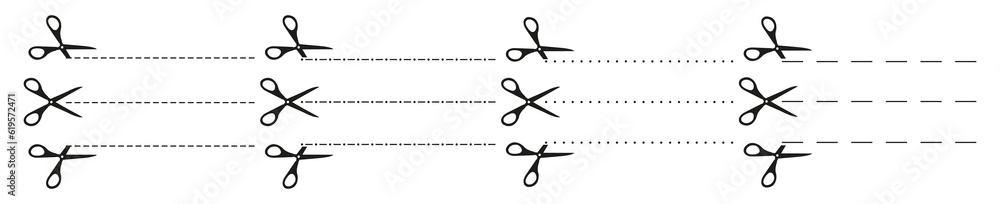 Set of scissors with cut lines. Black scissors cutting. Vector icons. Paper cut icon with dotted line. Vector illustration Set of scissors with cut lines. Black scissors cutting. Vector icons. Paper cut icon with dotted line. Vector illustration