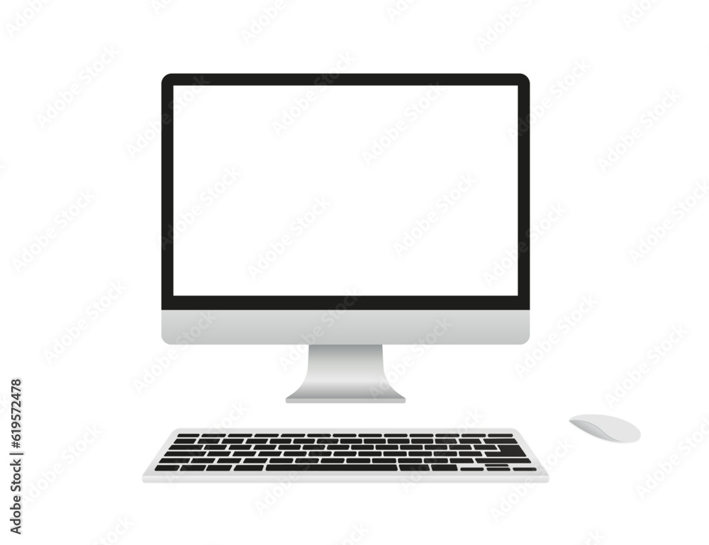 Vector monitor with keyboard and computer mouse. Work desk from the top. Technology communication background. Computer display with blank white screen top view. Vector illustration Vector monitor with keyboard and computer mouse. Work desk from the top. Technology communication background. Computer display with blank white screen top view. Vector illustration