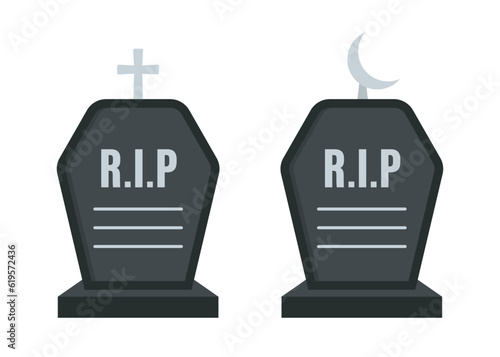 Grave RIP icon in flat style isolated on white background. Death symbol. RIP gravestone for Halloween, cemetery or tomb, stone crosses on white background. Halloween, funeral. Vector illustration