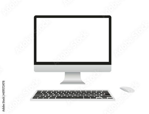 Vector monitor with keyboard and computer mouse. Work desk from the top. Technology communication background. Computer display with blank white screen top view. Vector illustration