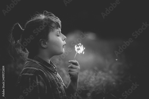 Cute little girl having fun in a dandelion field