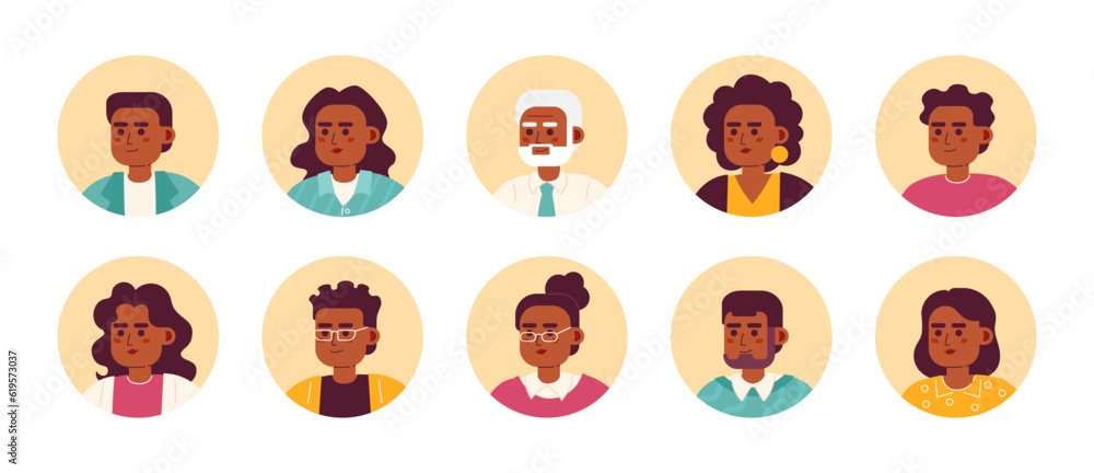 Diversity of afroamerican people semi flat colour vector character heads pack. Colorful avatar icons. Editable cartoon style emotions. Simple spot illustration bundle for web graphic design Diversity of afroamerican people semi flat colour vector character heads pack. Colorful avatar icons. Editable cartoon style emotions. Simple spot illustration bundle for web graphic design
