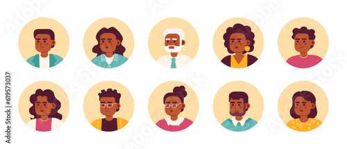 Diversity of afroamerican people semi flat colour vector character heads pack. Colorful avatar icons. Editable cartoon style emotions. Simple spot illustration bundle for web graphic design