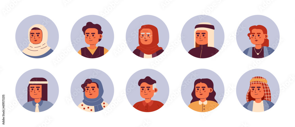 Arabian multicultural people semi flat colour vector character heads pack. Muslim people. Colorful avatar icons. Editable cartoon style emotions. Simple spot illustration bundle for web graphic design Arabian multicultural people semi flat colour vector character heads pack. Muslim people. Colorful avatar icons. Editable cartoon style emotions. Simple spot illustration bundle for web graphic design