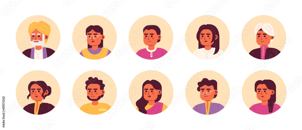 Indian in traditional clothes semi flat colour vector character heads pack. Happy people. Colorful avatar icons. Editable cartoon style emotions. Simple spot illustration bundle for web graphic design Indian in traditional clothes semi flat colour vector character heads pack. Happy people. Colorful avatar icons. Editable cartoon style emotions. Simple spot illustration bundle for web graphic design