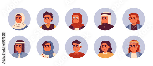 Arabian multicultural people semi flat colour vector character heads pack. Muslim people. Colorful avatar icons. Editable cartoon style emotions. Simple spot illustration bundle for web graphic design