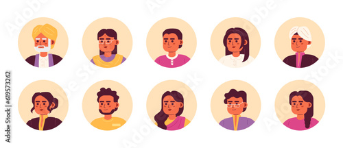 Indian in traditional clothes semi flat colour vector character heads pack. Happy people. Colorful avatar icons. Editable cartoon style emotions. Simple spot illustration bundle for web graphic design