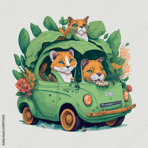 Cute animals in a green car. African animals vector illustration