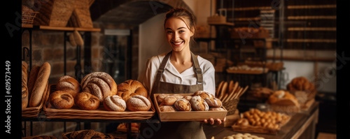 The baker woman holds fresh pastries just baked in the oven. generative ai