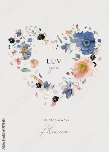 Elegant wedding invite. Floral heart shape wreath. Watercolor vector illustration. Dusty blue, pink anemone flowers, white hydrangea petals, berries, gold glitter stroke bouquet. Designer party poster