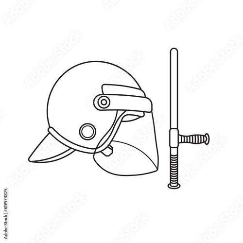 Hand drawn kids drawing Vector illustration riot helmet and police baton flat cartoon isolated