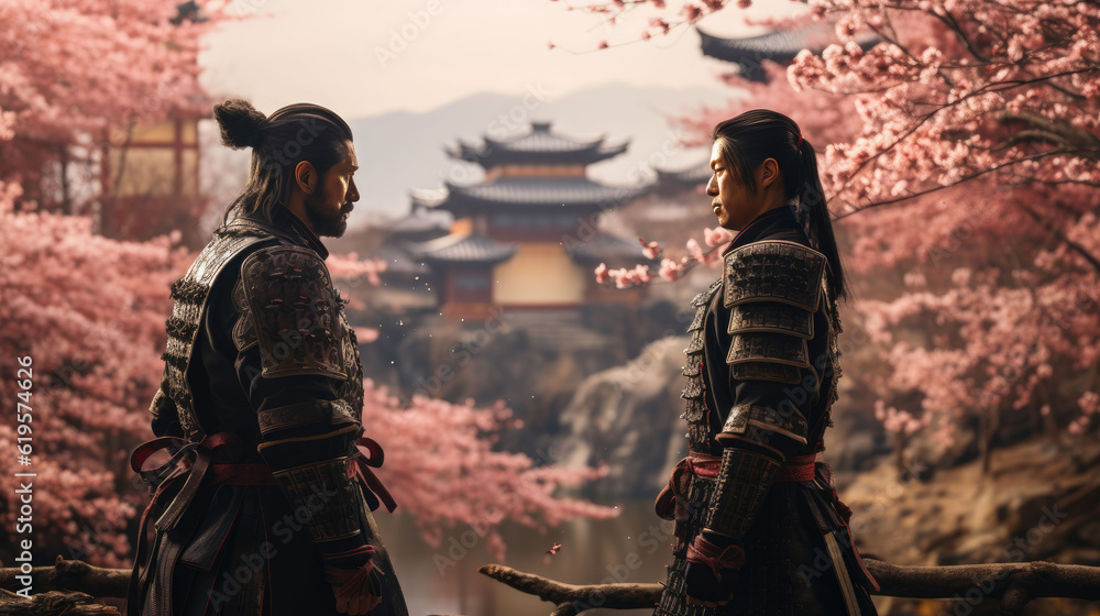 Two Japanese samurai holding swords posing for a traditional Japanese battle in a cherry blossom garden with a temple in the background. 
