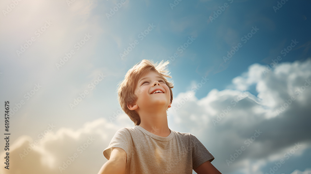 Relaxed boy breathing fresh air, over the blue summer sky. The concept of dreams, freedom and travel. Relaxed boy breathing fresh air, over the blue summer sky. The concept of dreams, freedom and travel.
