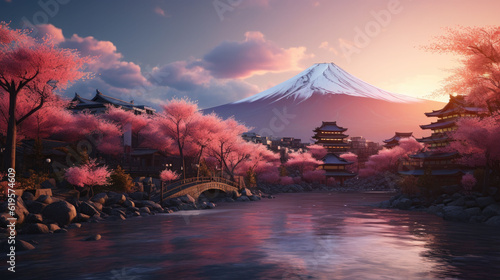 Beautiful view of mountain Fuji and Chureito pagoda at sunset, japan in the spring with cherry blossoms 