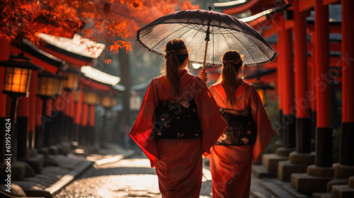 Women in traditional Japanese kimonos walking at Fushimi Inari Shrine in Kyoto, Japan, Kimono women, and umbrella