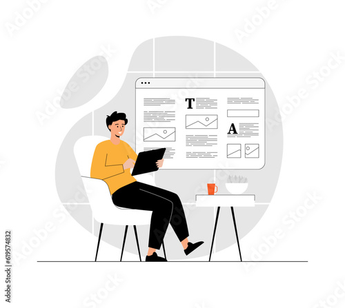Copywriter write online articles. Man create interesting content for website, webpage and social networks. Illustration with people scene in flat design for website and mobile development.